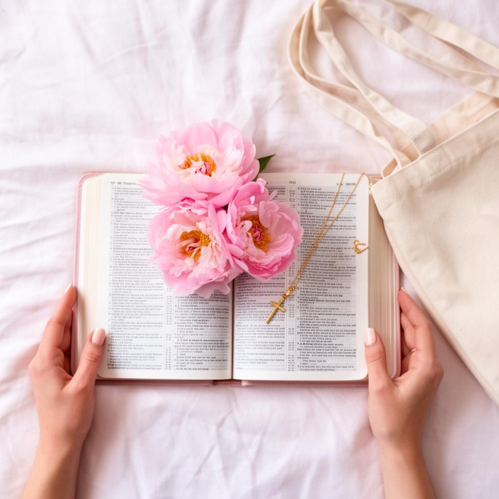 Open Bible with pink peonies, gold cross necklace and cream tote bag